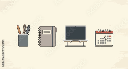 Set of icons representing office supplies and a laptop on a light-colored background