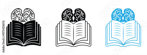 Knowledge icon set, brain icon and open book representing education, learning, knowledge development, wisdom, human intelligence, and intellectual growth in outline and solid form. vector illustration