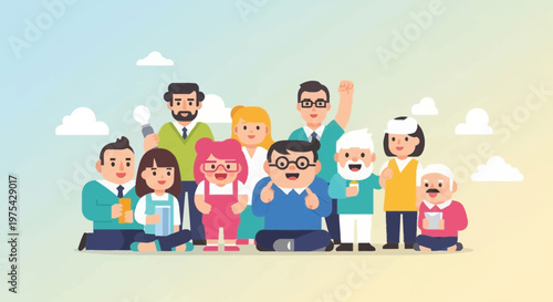 Group of Diverse People Standing and Sitting Together