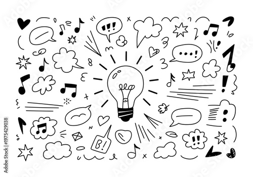 Vector of a lightbulb surrounded by doodles and speech bubbles
