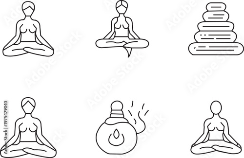 Line art icons depicting yoga poses and meditation elements isolated on transparent background