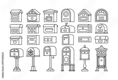 Vector of various styles of mailboxes and postboxes for different settings.