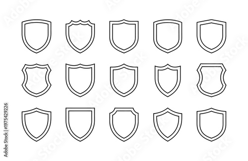 Collection of various vector shield designs arranged in a grid pattern