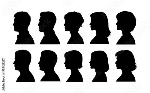 Collection of vector silhouettes showcasing different hairstyles for men and women