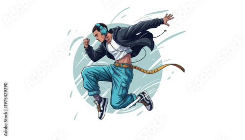 A young man wearing headphones and running with a measuring tape around his waist