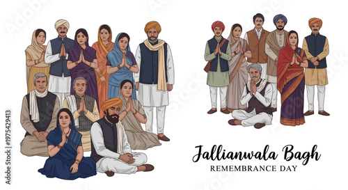A stylized vector illustration commemorates Jallianwala Bagh Remembrance Day, depicting a group of Indians in traditional dress paying tribute against a clean white background to honor