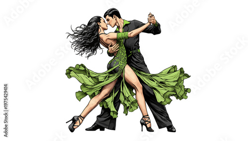 A man and woman dancing together in a romantic tango pose