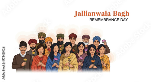 In a digitally painted illustration, a group of Indian people stand together holding flowers, paying tribute on Jallianwala Bagh Remembrance Day against a clean white background, honoring