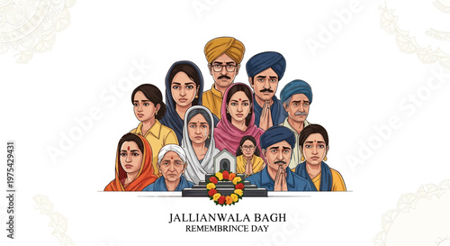 Solemn Jallianwala Bagh Remembrance Day illustration with a group of Indians depicted in traditional attire, paying tribute to the martyrs in a vector design against a clean white
