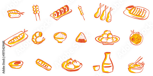 japanese food Crayon hand drawn doodle Set with sushi ramen and onigiri for restaurant menu.