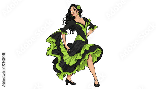 A beautiful woman wearing a traditional flamenco dress with green and black ruffles