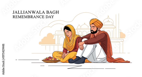 An illustration commemorates Jallianwala Bagh Remembrance Day with a solemn tribute to martyrs, featuring an Indian couple in traditional attire in muted colors, seated near offerings