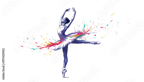 A ballerina in a colorful tutu dancing on a white background