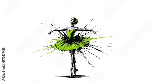 A vibrant illustration of a ballerina in a green tutu performing dance