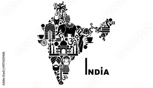 A black and white illustration of the map of India with various cultural symbols