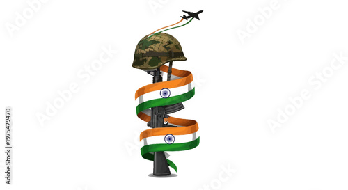 A symbolic representation of Indian military forces with a helmet and gun