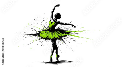 A ballerina in a green tutu dancing with vibrant movements and energy