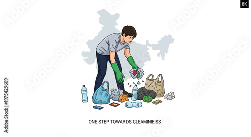 A man wearing gloves picking up trash to promote cleanliness and hygiene
