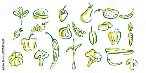 Healthy Vegetables crayon hand drawn doodle Set. Green outline vegan farm elements for grocery Market poster or menu design.