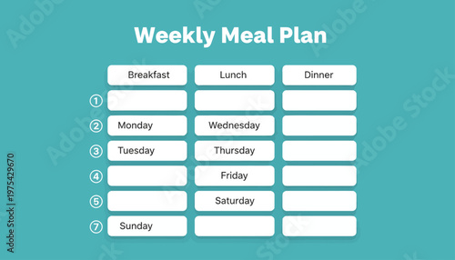 A blank weekly meal plan template on a teal background with white text and boxes for breakfast, lunch, and dinner from Monday to Sunday