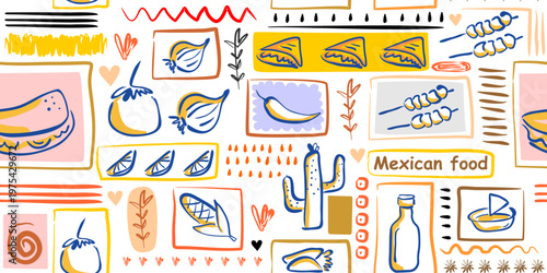 Mexican food menu collage crayon Doodle sketch. Taco and avocado abstract Layout template for latin restaurant poster.
