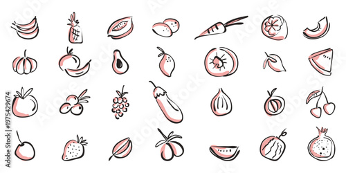 Vitamin rich fruit Doodle collection drawn with Crayon for summer nutrition concepts.
