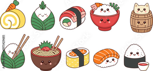 Cute sushi and Japanese food cartoon character set featuring kawaii rice, salmon, ramen, and rolls, colorful vector illustration collection isolated on white background