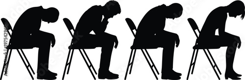 Depressed people sitting on chair silhouettes set showing sadness, stress, and mental health concept, human posture vector illustration isolated on white background for awareness design