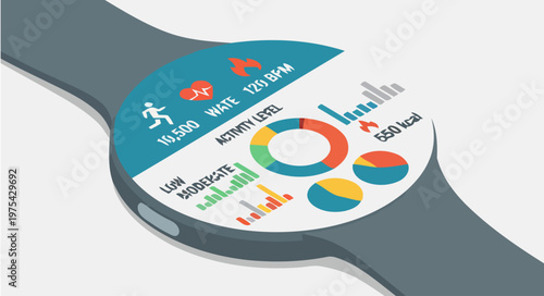 A smartwatch displays various colorful graphs and charts on its screen.