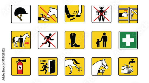 Set of Equestrian and Horse Riding Stable Safety Signs and Icons. EPS Editable. Vector Illustrations.