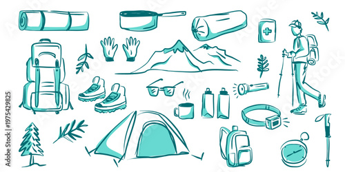 Crayon hand drawn doodle mountain hiking camping equipment set, isolated vector illustration for outdoor adventure designs.