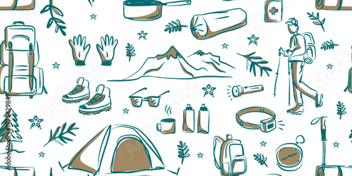 Seamless pattern of hand drawn doodle mountain hiking and camping equipment, outdoor adventure vector background design.