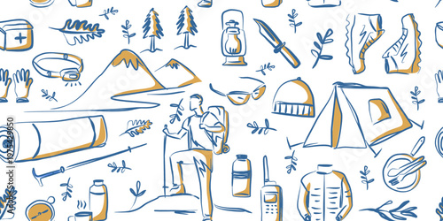 Seamless background pattern with hand drawn doodle mountain hiking gear and camping equipment, vector illustration.