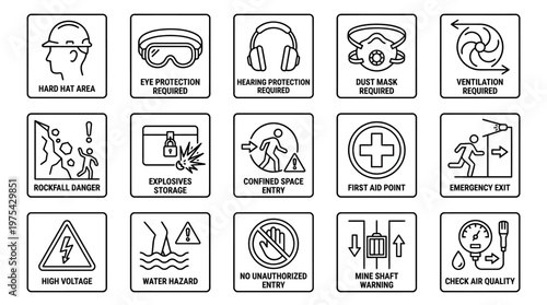 Set of Industrial Mining Safety Warning Icons and Signs. EPS Editable. Vector Illustrations.