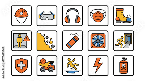 Set of Industrial Safety and Occupational Hazard Icons. EPS Editable. Vector Illustrations.