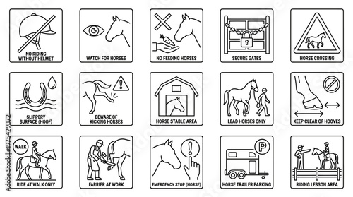 Set of Horse and Equestrian Safety Warning Sign Icons. EPS Editable. Vector Illustrations.