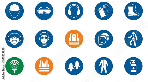 Comprehensive Set of Industrial Workplace Safety and Personal Protective Equipment Icons. EPS Editable. Vector Illustrations.