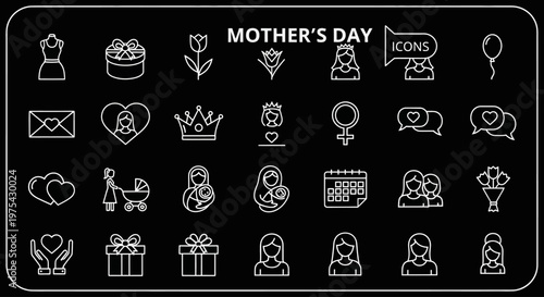 Mother's Day icons depict gifts, hearts, and family members celebrating together happily