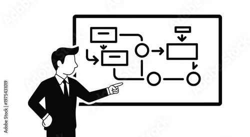 Businessman presenting flowchart diagram on whiteboard, illustrating business process workflow, strategy planning concept