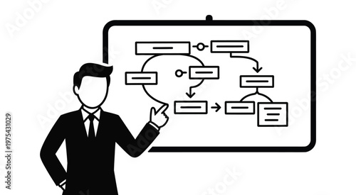 Businessman presenting flowchart diagram on whiteboard, illustrating business process workflow, strategy planning concept