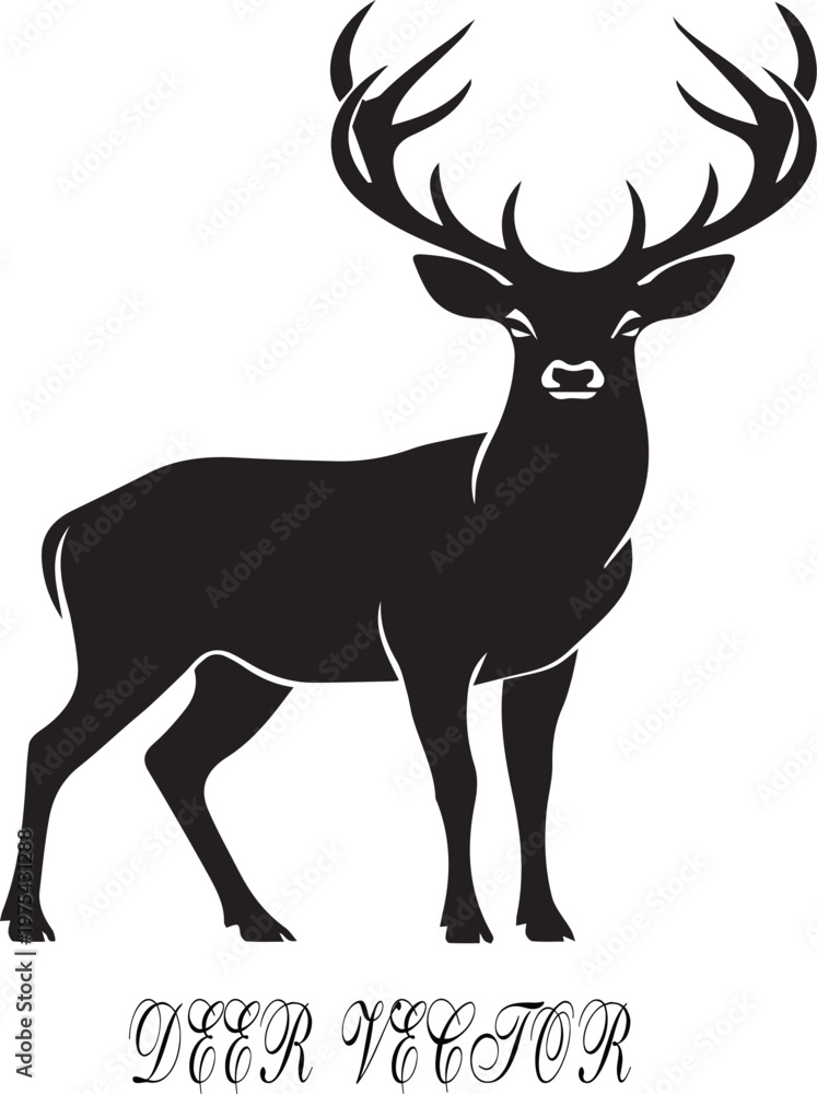Fototapeta premium A wild buck stag with large antlers is depicted in this deer silhouette vector illustration, capturing the nature of a majestic forest animal perfect for wildlife or Christmas themed designs