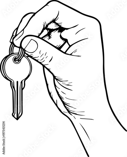 Hand Drawn Hand Holding Key Black and White Illustration in Minimal Line Art Style Design