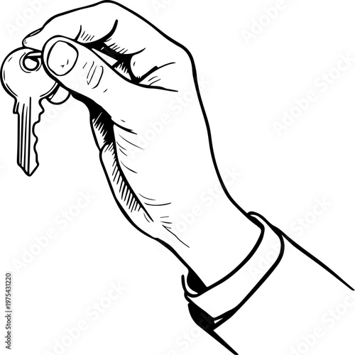 Hand Drawn Hand Holding Key Black and White Illustration in Minimal Line Art Style Design