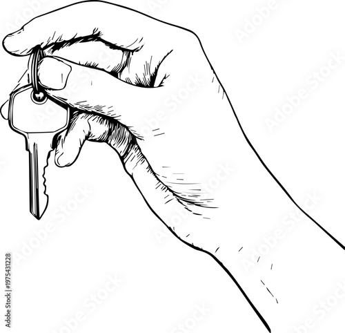 Hand Drawn Hand Holding Key Black and White Illustration in Minimal Line Art Style Design