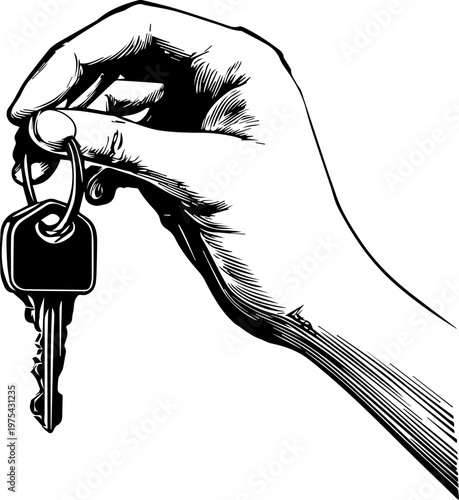 Hand Drawn Hand Holding Key Black and White Illustration in Minimal Line Art Style Design