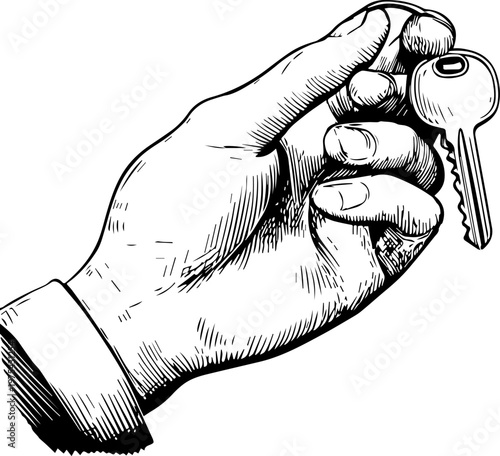 Hand Drawn Hand Holding Key Black and White Illustration in Minimal Line Art Style Design