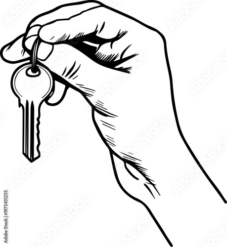 Hand Drawn Hand Holding Key Black and White Illustration in Minimal Line Art Style Design
