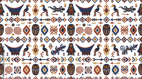 Intricate tribal geometric textile pattern featuring birds and diamonds in a repeating decorative motif.