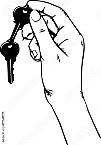 Hand Drawn Hand Holding Key Black and White Illustration in Minimal Line Art Style Design