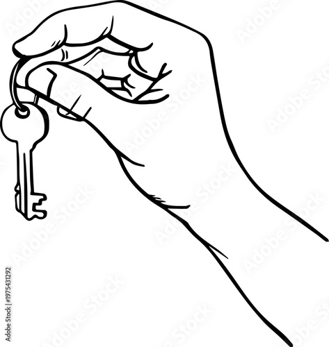 Hand Drawn Hand Holding Key Black and White Illustration in Minimal Line Art Style Design